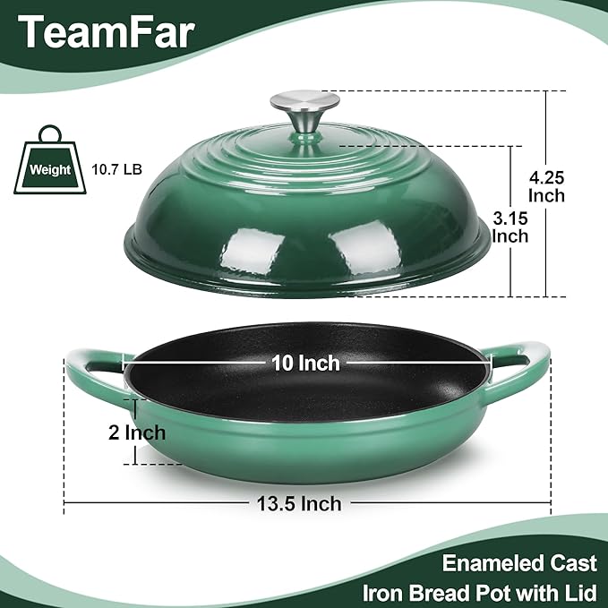 TeamFar Cast Iron Bread Dutch Oven, 6 Qt Enameled Dutch Oven Pot for Sourdough Bread Baking, with Tall Dome Lid & Round Base Pan, Self-Basting & Even-Heating, Heavy-Duty & Non-stick, Dark Green