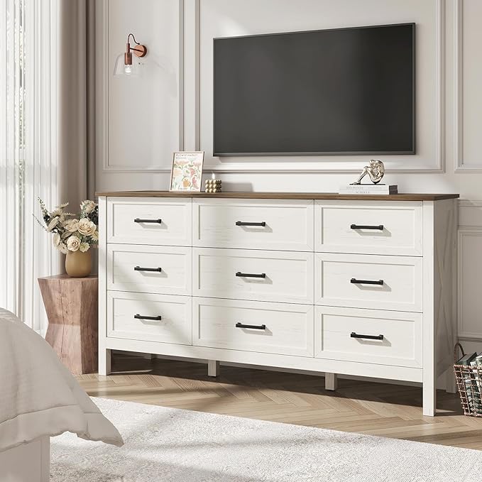 Farmhouse Dresser for Bedroom, 9 Drawers Dresser with Metal Handle, Natural Texture, Wood Rustic Chest of Drawers for Bedroom,Living Room,Hallway and Entryway, Antique White