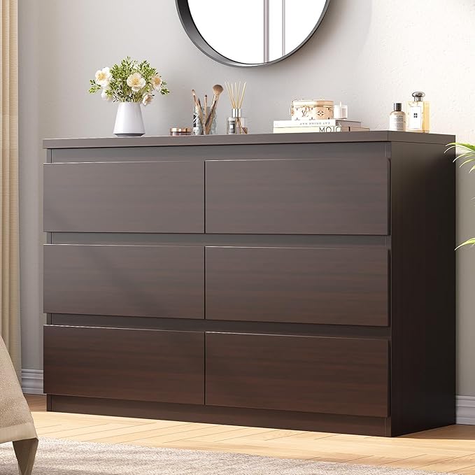 Simply Modern 6-Drawer Dresser, Chest of Drawers for Bedroom, Living Room, Hallway, and Entryway - Large Storage Cabinet with Smooth Metal Rails - Retro Brown