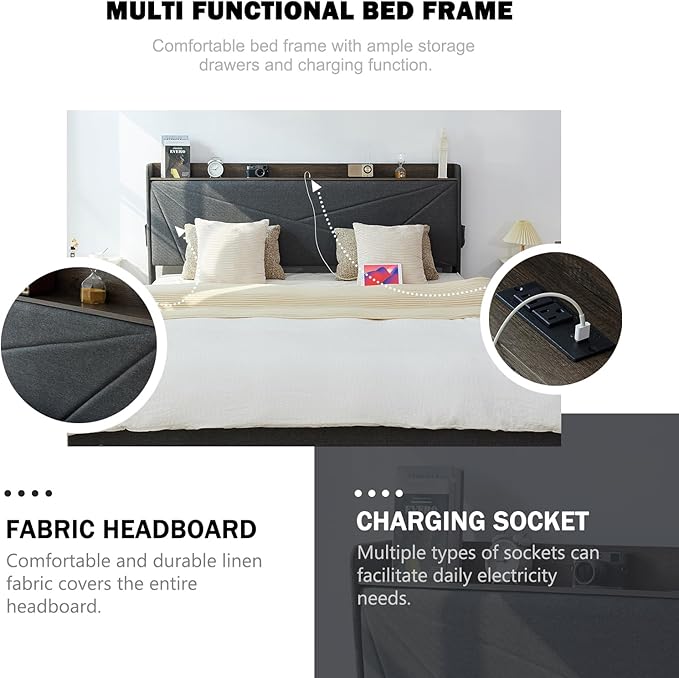 Queen Size Bed Frame with 3 Drawers, Upholstered Queen Size Bed Frame with Storage Headboard, AC USB & Type C Charge Station,Wooden Support Slats No Box Spring Needed Easy Assembly,Grey