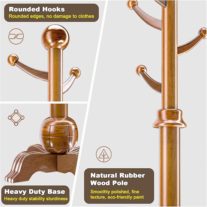 Hall Tree, Freestanding Wood Tree Rack with 7 Hooks, Coat Rack with Stable Sphere Base, Wooden Coat Rack Stand, Load 210 lb, Coat Hanger Stand for Entryway, Hallway, Bedroom (Natural)