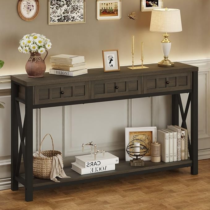 FATORRI Console Sofa Table for Entryway, Entry Way Table with Storage and 3 Drawers for Living Room, Farmhouse Foyer Tables for Hallway, Front Door, Living Room (54.72 Inch Long, Walnut Brown)