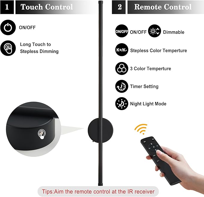 Battery Operated Modern Wall Sconces, Dimmable Wireless Wall Light Set of Two with Remote Control, 3 Color Temperatures, Rechargeable LED Wall Sconce for Bedroom, Living Room, Hallway, 27.6 Inch Black