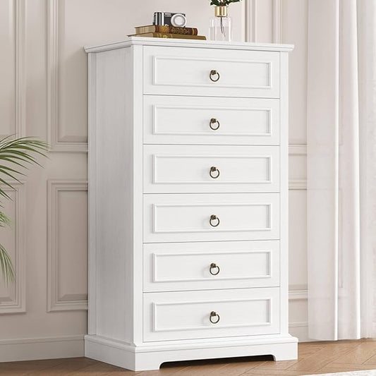 HOSTACK 6 Drawer White Dresser for Bedroom, 52" Tall Dresser, Modern Farmhouse Vertical Chest of Drawers for Bedroom, Wooden Closet Chest, Wood Storage Cabinet for Living Room, Hallway, Entryway