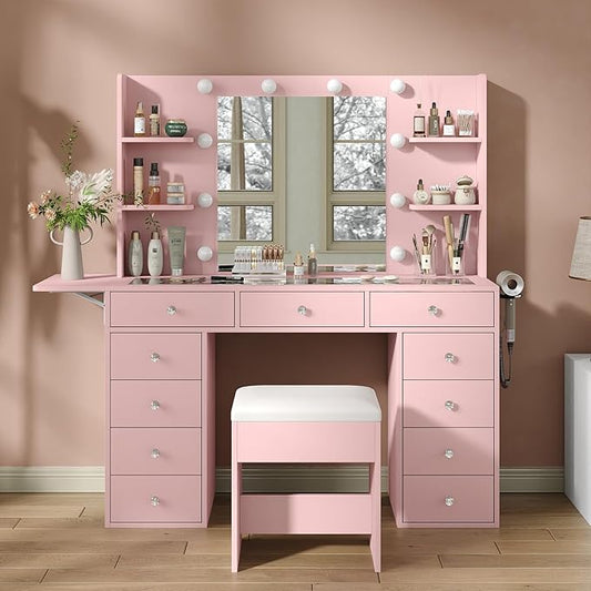 Vanity Desk with Power Outlet, Makeup Table with Mirror and 12 LED Lights, 3 Color Lighting Modes, 11 Drawers Makeup Vanity with 4 Shelves, Fold-up Panel, Vanity Set for Bedroom, Pink