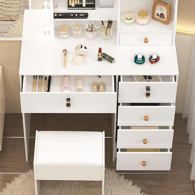 Small Makeup Vanity Desk with Lights and Slidind Mirror, Vanity Table Set with Chair, Lighted Dressing Table with 3 Adjustable Light Modes, 6 Drawers, 6 Shelves, White Vanity Desk for Women