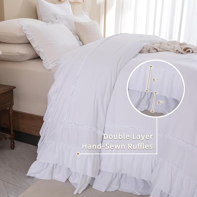 QSH Oversized King Comforter Set 120x120，White Farmhouse Ruffled Bed Comforter Shabby French Country Rustic Vintage Bedding Comforter Microfiber Soft Lightweight Fluffy Bedding 3 PCs
