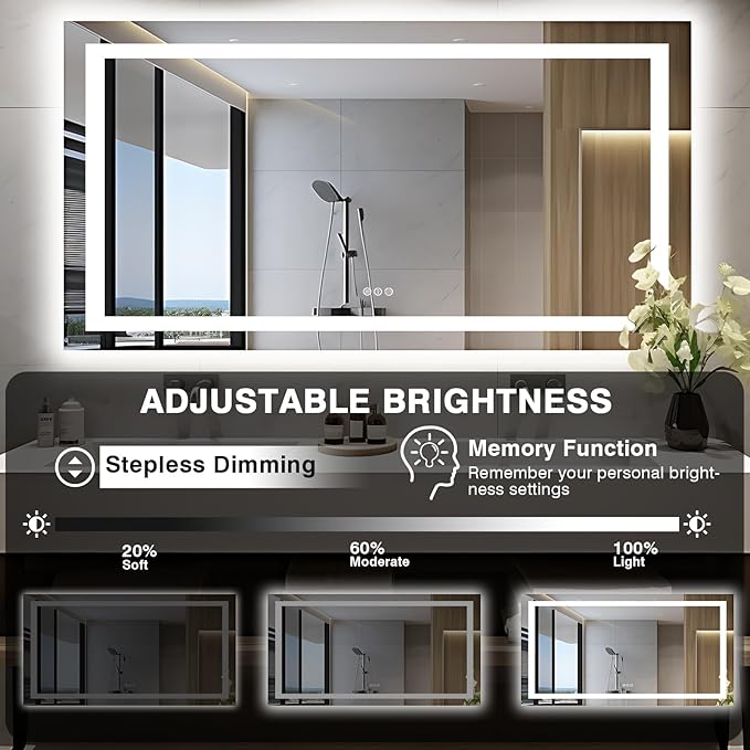 60"x30" Large LED Bathroom Vanity Mirror with Front Light and Backlit, Anti-Fog Illuminated Bathroom Mirror, Stepless Dimmable LED Mirror, 3 Colors Smart Mirror (Horizontal/Vertical)