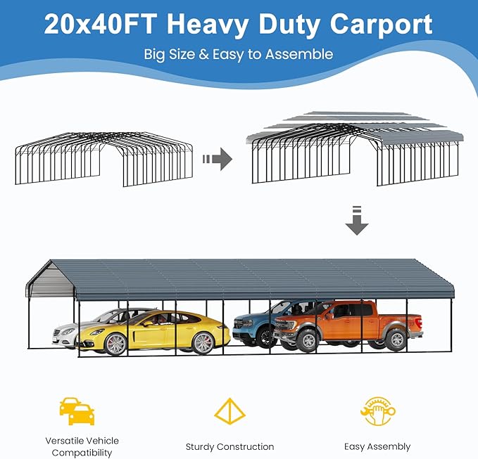 YOLENY Carport 20x40 FT, Heavy Duty Carport for Garage, Car Shelter with Galvanized Metal Roof and Frame, Easy to Install Outdoor Car Canopy, Expanding Garage Space for Pickup, 2 Cars, Gray