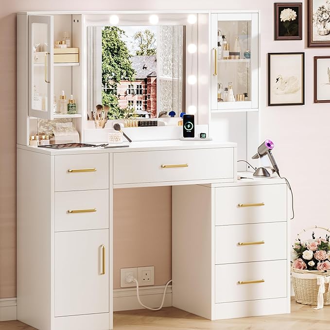 51" Vanity Desk with Mirror and Lights & Charging Station, Bedroom Dressing Table, Large Vanity Set, 6 Drawers and 2 Cabinets, Makeup Vanity Table with Charging Station, Without Stool