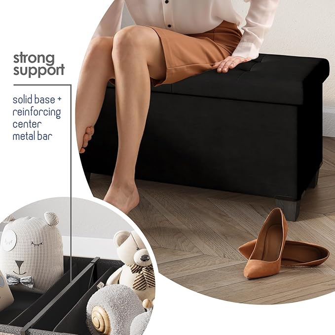 STORAGEBUD Storage Ottoman Bench with Bins, 43-in Storage Bench for Bedroom End of Bed, Folding Foot Rest Ottoman for Living Room Max 660lbs, Velvet Ottomans, Black