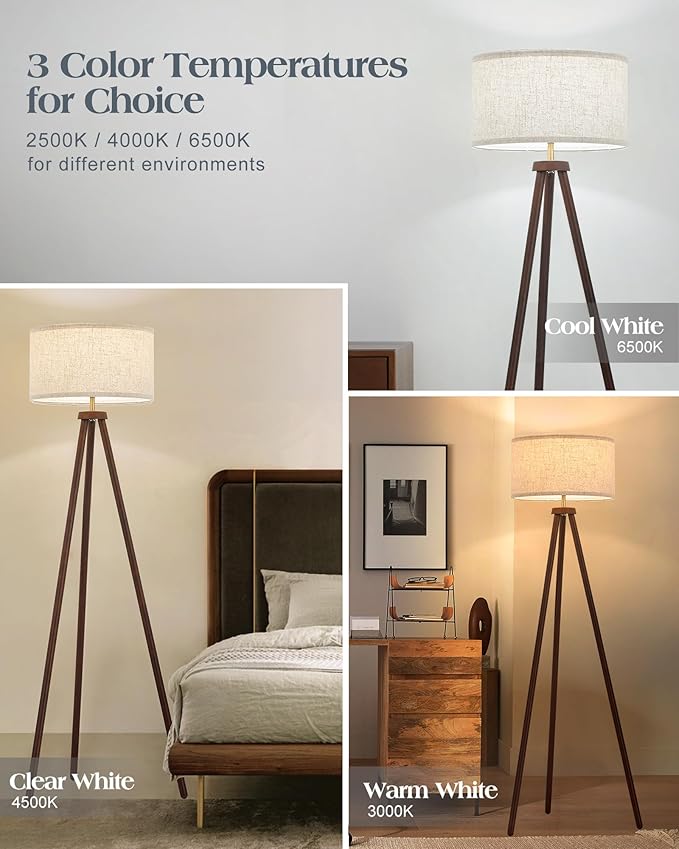 ELYONA Wood Tripod Floor Lamp Brushed Brass Metal & 3 Color Temperatures LED Bulb Vintage Wooded Standing Lamp Industrial Tall Light for Living Room Bedroom Office Beige Linen Shade Dark Brown & Gold