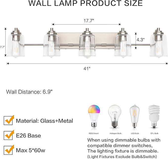 SOLFART 5 Light Bathroom Lights for Bathroom Brushed Nickel Vanity Light Vanity Lighting Fixtures Bathroom Light Fixtures Over Mirror