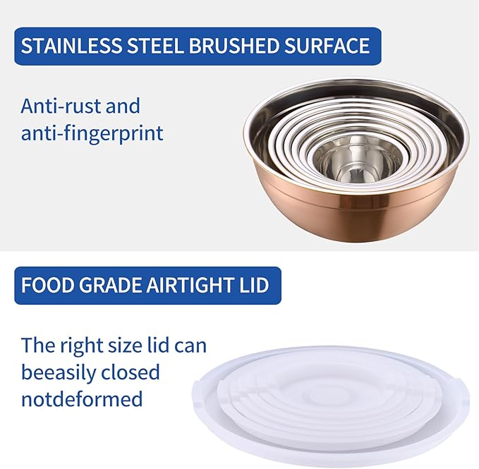 Rose Gold Mixing Bowls With Airtight Lids,Stainless Steel Bowl,Salad Bowls 7 Piece Colorful Nesting Bowl Rose Gold Kitchen Accessories,Size 7,3.6,2.7,2.1,1.5,1.1,0.8QT Stackable Design