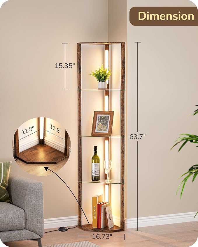 EDISHINE Corner Shelf with Light, 5-Tier Glass Display Shelf with Remote/Foot Control, 3CCT & Dimmable Corner Lamp, Open Display Cabinet, Standing Lamp for Living Room, Bedroom, Flamewood Color