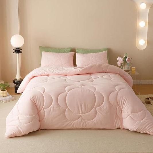 Luxlovery Pink Sunflower Comforter Set Queen Light Pink Quilted Boho Farmhouse Blush Bedding Comforter Set Boho Vintage Soft Breathable Comforter Women Girls