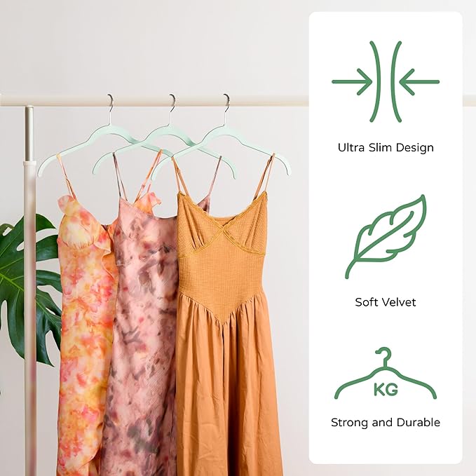 Velvet Hangers 50 Pack – Slim Non-Slip Flocked Hangers with Notches, Space-Saving Closet Organizer for Dresses, Blouses, Coats(Green)