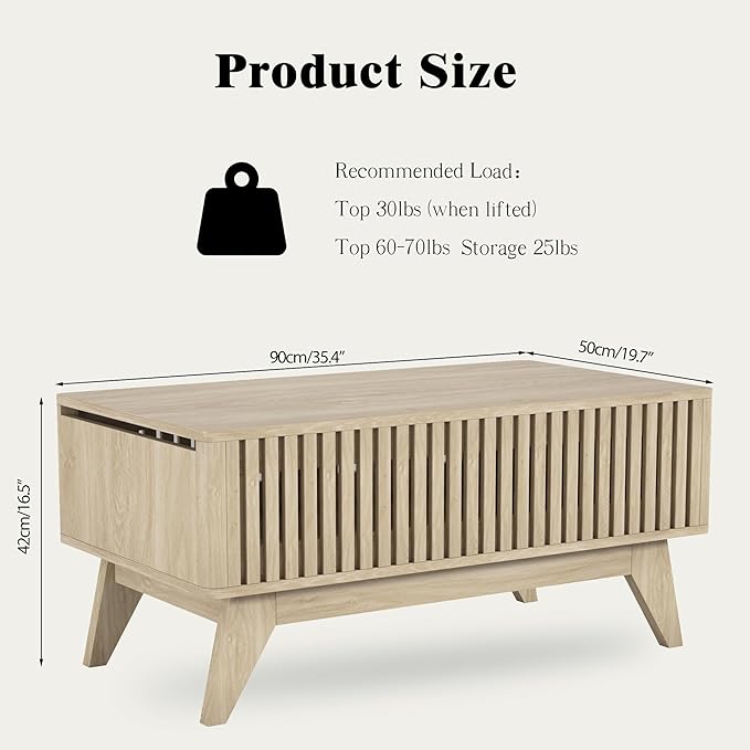 Lift Top Coffee Table with Hidden Compartment, Mid Century Modern Coffee Table for Living Room, Fluted Design Farmhouse Center Table with Storage (Wood, 35.4" W)