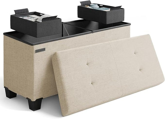 STORAGEBUD Storage Ottoman Bench with Bins, 30-in Storage Bench for Bedroom End of Bed, Folding Foot Rest Ottoman for Living Room Max 660lbs, Fabric Ottomans, Beige