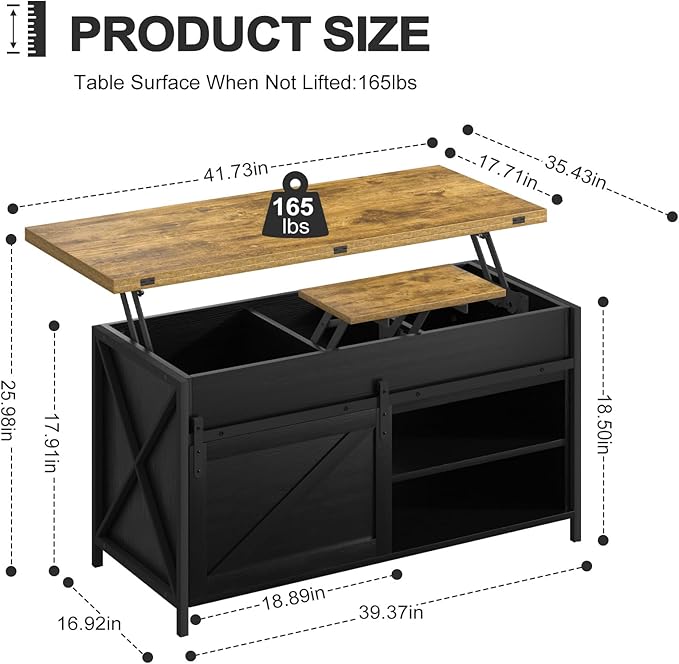 Lift Top Coffee Table with Storage and Sliding Door, 4 in 1 Multi-Function Convertible Tea Table with Hidden Compartment, Farmhouse Center Table with Wood Lift Tabletop for Living Room Black