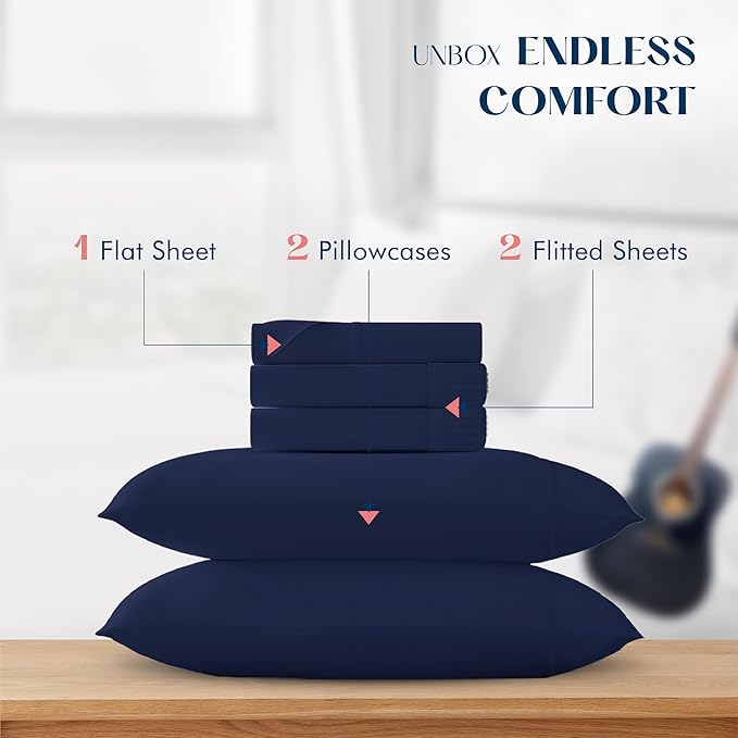 XOOX Linen Split King Sheets Sets for Adjustable Bed - 100% Cotton 500 Thread Count Split Head King Sheets (5 PC, Navy Blue), Soft, Cooling Sateen Weave Sleep Number Deep Pocket Bed Sheet Set