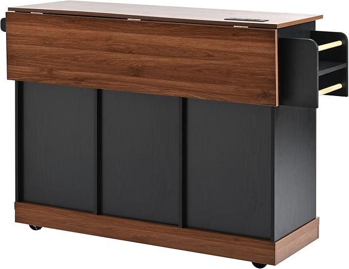 55'' Kitchen Island Cart on Wheels with Drop Leaf Countertop, Mobile Kitchen Island Carts with Power Outlet, Rolling Kitchen Table with Storage, Spice Rack, Towel Rack, and Drawer (Black)