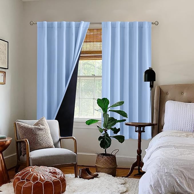 BGment Full Blackout Curtains with Thermal Insulation Liner Curtains 63 Inches Long, Rod Pocket and Back Tab Double Layer Room Darkening Window Curtain for Bedroom(42 x 63 Inch, 2 Panels, Light Blue)