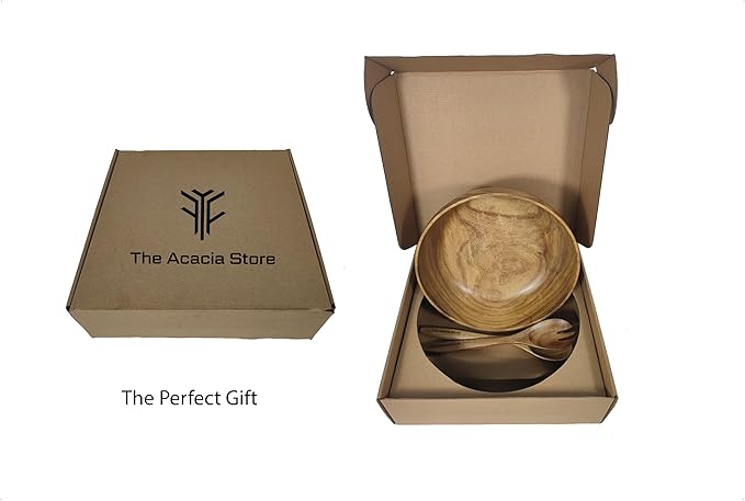 11.5 inches Acacia Wood Salad Bowl Set with 1 set spoon and fork, in a gift box, made from one pc solid acacia wood, made in Vietnam.