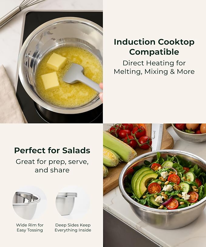 Enther Stainless Steel Colander Set with Lid - Set of 3 Rice Strainer Bowls, 2.6, 3.2, 4QT - Durable Mesh Filter, Nestable Design for Washing Vegetables, Fruit and Rice and for Draining Cooked Pasta