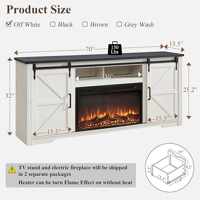 Farmhouse Fireplace TV Stand for 75,80 Inch TV, 32" Tall Entertainment Center w/4 Drawers & Sliding Barn Door, 70-Inch Highboy Media Console for Living Room, Off White