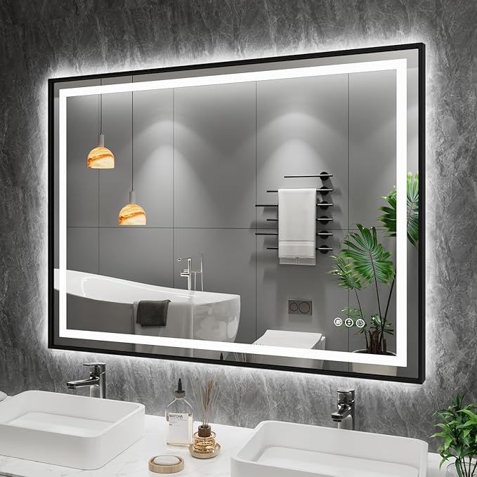 Amorho 50"X36" LED Bathroom Mirror with Black Frame, Front Light and Backlit, Stepless Dimmable, Anti-Fog, Shatter-Proof, Memory, 3 Colors, Double LED Vanity Mirror