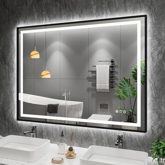 Amorho 48"X38" LED Bathroom Mirror with Black Frame, Front Light and Backlit, Stepless Dimmable, Anti-Fog, Shatter-Proof, Memory, 3 Colors, Double LED Vanity Mirror