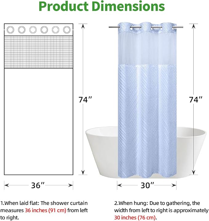 stall no Hook Tufted Shower Curtain with snap in Liner Set, White Waterproof Fabric Inner Liner,Boho Style Shower Curtain with See Through top Window, FrostBlue, 36Wx74H
