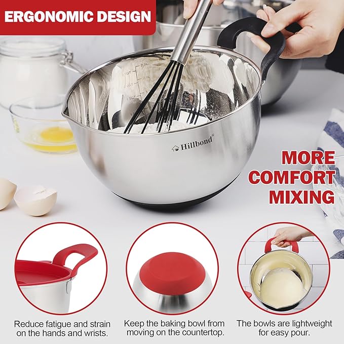 Hillbond Mixing Bowls with BPA Free Airtight Lids Nesting Bowls with Pour Spout, Silicone Handle and Non-Slip Bottoms for Baking, Stainless Steel Mixing Bowls Dishwasher Safe, 1.5, 3, 5 QT (Red)