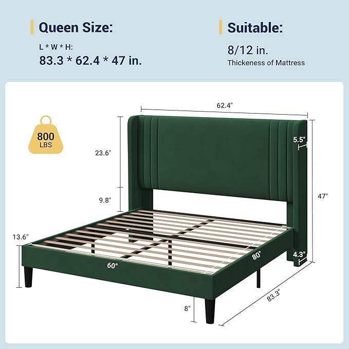 Allewie Queen Size Velvet Platform Bed Frame with Vertical Tufted Wingback Headboard, Easy Assembly, Under Bed Storage, No Box Spring Required, Modern Style, Green