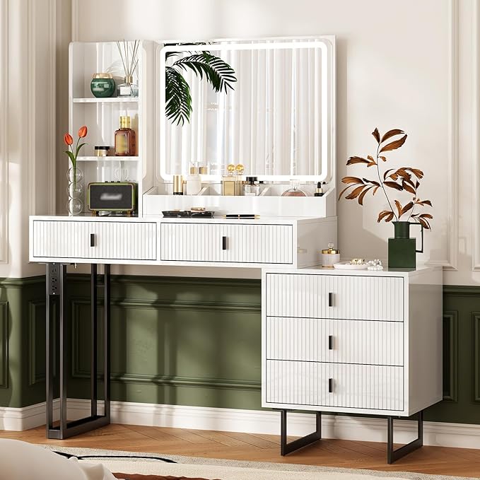 Large Vanity Desk with 3 Color Touch Screen Dimming Mirror, Vanity Desk with Charging Station, Modern Retractable Makeup Dressing Table, Vanity Table With storage shelves and 5 Sliding Drawers, White