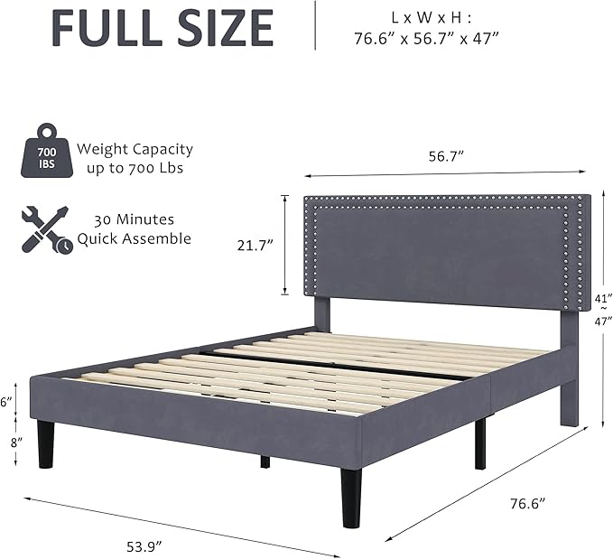 VECELO Full Size Bed Frame with Adjustable Upholstered Headboard, Wooden Slats Platform, Noise-Free Design, Easy Assembly