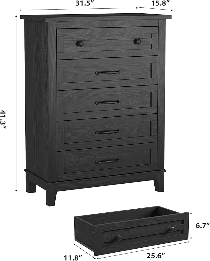 GarveeHome 5 Dresser for Bedroom, 41.3" Tall Vertical Drawer Dresser with Large Storage, Freestanding Wooden Closet Chest for Bedroom, Living Room, Black