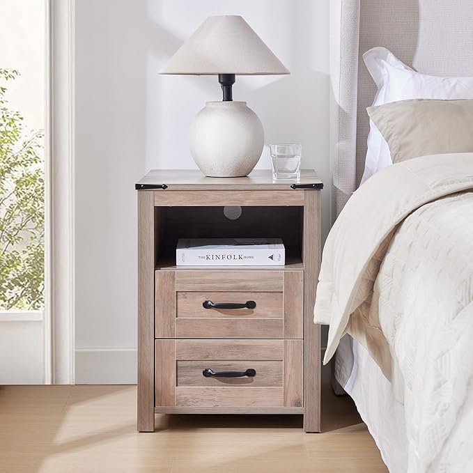 Farmhouse Night Stand Set of 2, Rustic Sierra Nightstand for Bedroom, End Tables Without Charging Station, Bedside Table with Drawers, Wood Bedside Cabinet Dresser