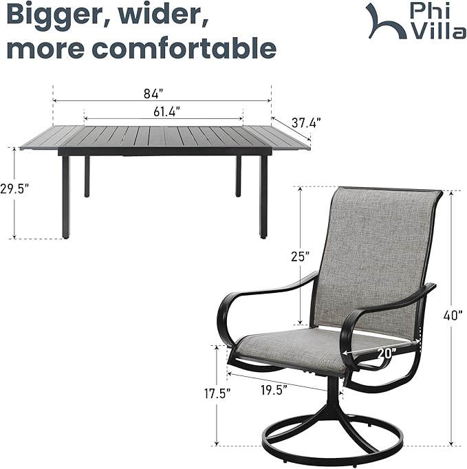 PHI VILLA 9 Pcs Outdoor Patio Dining Set for 8 Person, Extendable Large Patio Table and 8 Patio Swivel Chairs with Textilene Fabirc, Outdoor Table and Chair Set for Deck Lawn Poolside