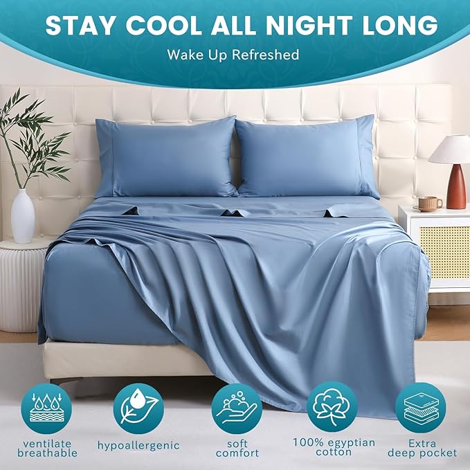 Bedlifes California King Sheet Set, Extra Deep Pocket 18-24 Inches, 1000Thread Count 100% Egyptian Cotton, Soft and Breathable 4-Piece,Mineral Blue