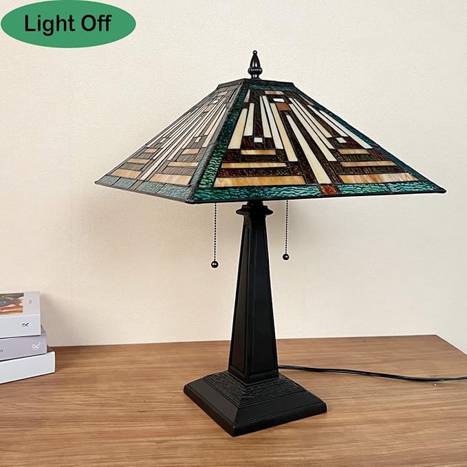 Tiffany Table Lamps,16" Green Handcrafted Stained Glass Desk Lamp for Reading,2-Lights Mission Style Antique Nightstand Beside Light for Living Room Bedroom Office