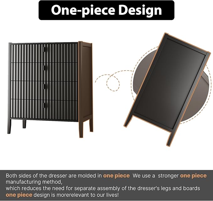 Black 4 Drawer Dresser, Modern Chest of Drawers for Bedroom, Wood Storage Dresser Organizer with Deep Drawers for Clothes, Nightstand for Bedroom, Hallway, Living Room, Entryway