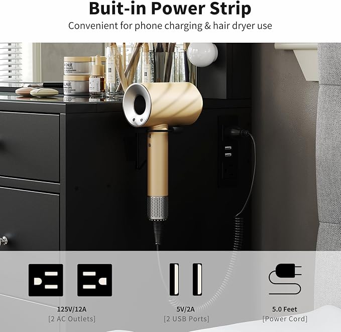 Vanity Desk with Power Outlet, Makeup Vanity with Lighted Mirror, 3 Lighting Modes Adjustable, 9 Drawers Vanity Set with Fold-up Panel, Glass Top, Vanity Table with Chair for Bedroom, Black