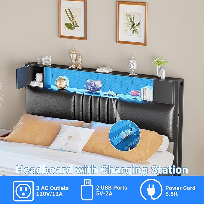 Unikito Headboard for Full Size Bed with Storage and Cabinet, Black Upholstered Headboards with Outlets, USB Ports, and DIY Color of LED Light, Full Head Board Only, Comfortable Headboard, Black