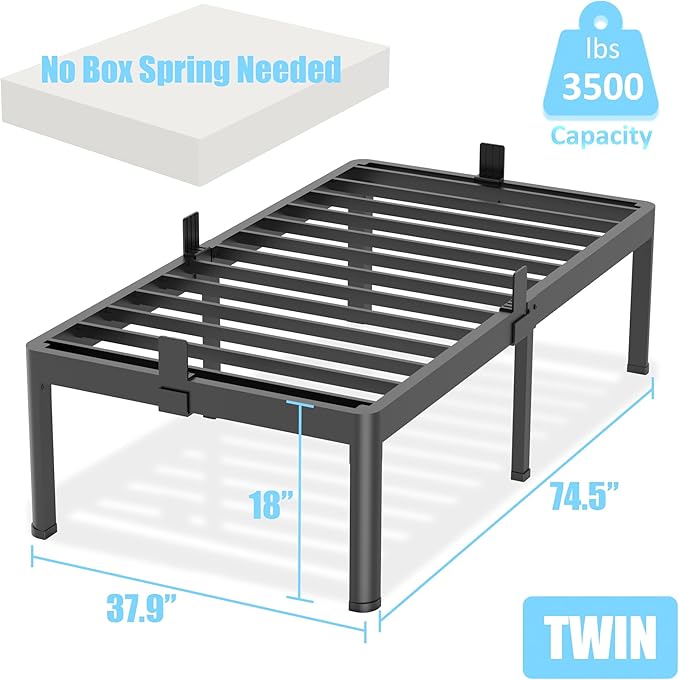 FUIOBYVV Twin Bed Frames with Round Corner Edge Legs 18 inch High 3500 lbs Heavy Duty Metal Platform Bed Frame Twin Size No Box Spring Needed/Non-Slip/Steel Slat Support/Noise Free