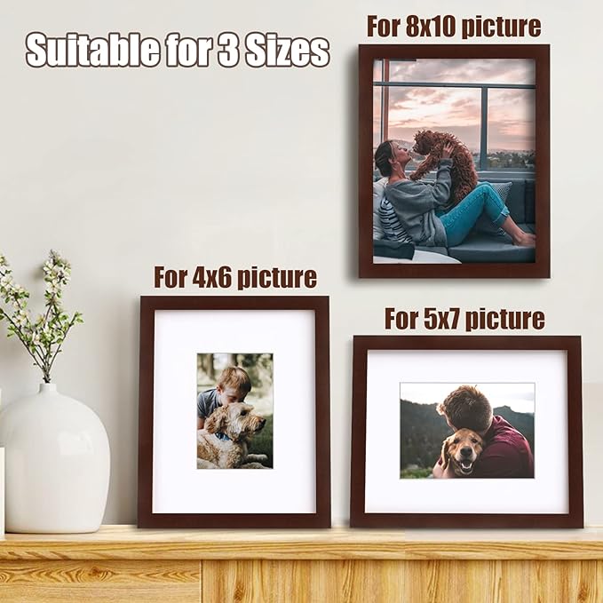Egofine 8x10 Picture Frame Made of Solid Wood with Plexiglass, Display Pictures 4x6/5x7 with Mat or 8x10 Without Mat for Tabletop and Wall Mounting, Walnut Color