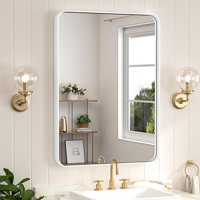 Keonjinn White Framed Mirrors for Bathroom 20 x 30 Inch Rounded Rectangle Bathroom Mirrors for Wall, White Farmhouse Mirror for Home Decor, HD Tempered Glass, Seamless Metal Frame(Horizontal/Vertical)