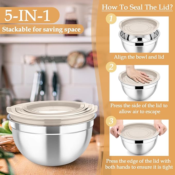 TeamFar Mixing Bowls, Stainless Steel Nesting Salad Bowls with Lids Set of 3 & 3 Grater Attachments, For Mixing/Serving/Storing, Non-toxic & Long-lasting, Size 4.6/3 / 1.5 QT, Khaki