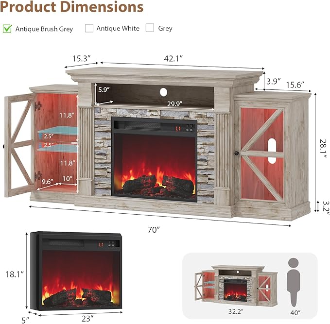 QUW Electric Fireplace TV Stand, 70" Farmhouse Entertainment Center with Open Shelf and Glass Barn Door Cabniet, Modern TV Console Table with 7 Flame Colors for Living Room, Antique Brush Grey